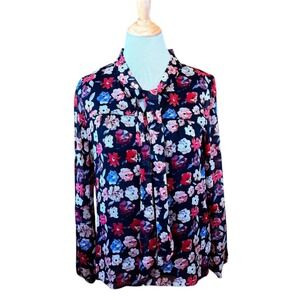 DKNY Watercolor Floral Tie Neck Blouse Long Sleeve Sheer Multi Color Top Large